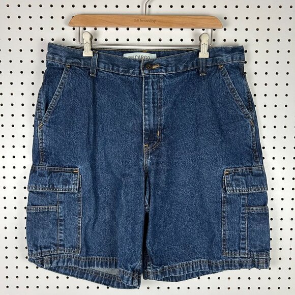 Faded Glory Baggy Denim Cargo Shorts Size 36 Cotton 10" Inseam Dad Costume 90s - Picture 1 of 6
